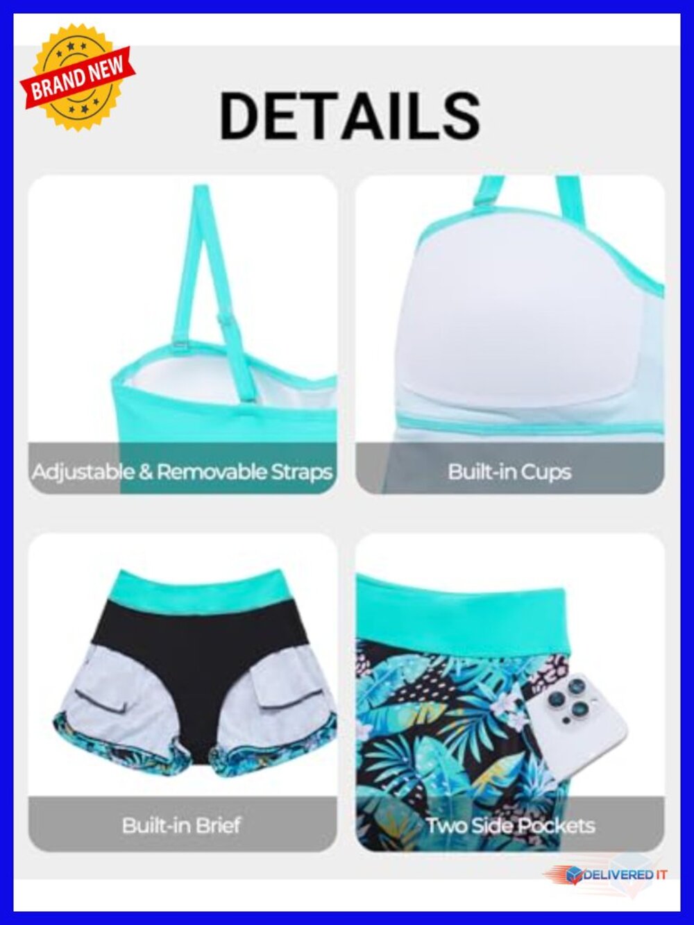 Tankini with Shorts Tummy Control Twist Bandeau Two Piece Swimwear with Pockets - Picture 4 of 6